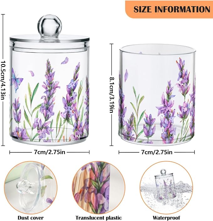 ALAZA Purple Toothbrush Holder 2 Pack Qtip Holder Dispenser for Cotton Ball Lavender Flower Purple Cotton Swab Round Pads Clear Plastic Acrylic Jar Set Bathroom Canister