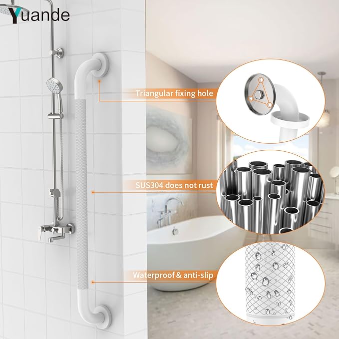 32 Inch White Grab Bars for Shower with Anti-Slip Knurled Grip,YuanDe Stainless Steel Bathroom Grab Bars, Shower Handrail Support, Handicap Elderly Balance Assist Handles