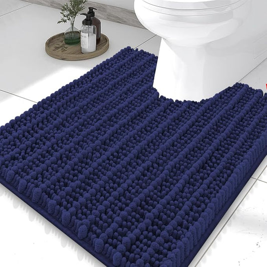 Smiry Bathroom Toilet Rugs U Shaped 24X20, Chenille Bath mats for Toilet | Deep Blue Extra Soft Absorbent Non Slip Rubber Backing Contour Bath Rugs for Toilet, Machine Washable Contoured Bath Mats