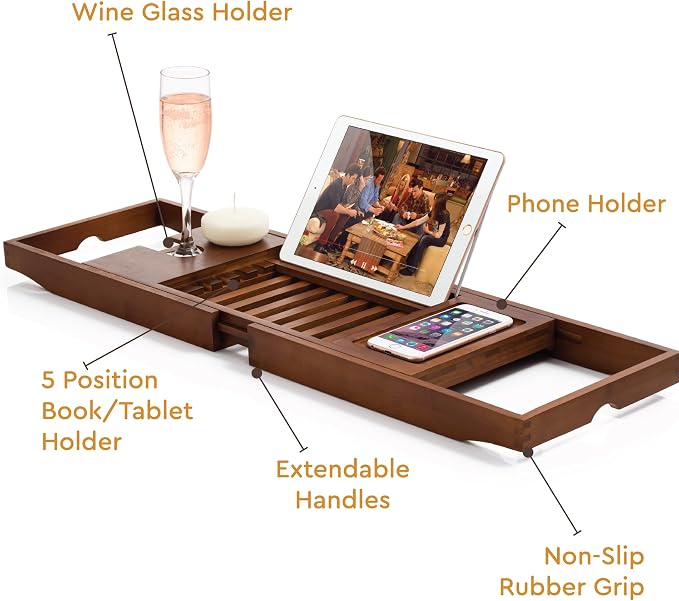 Bamboo Bathtub Caddy Tray - Expandable Waterproof Spa Bath Tray with Wine Glass Holder, Book/Tablet Stand, and Phone Slot - Non-Slip, Adjustable Handles for Most Tubs (Brown)