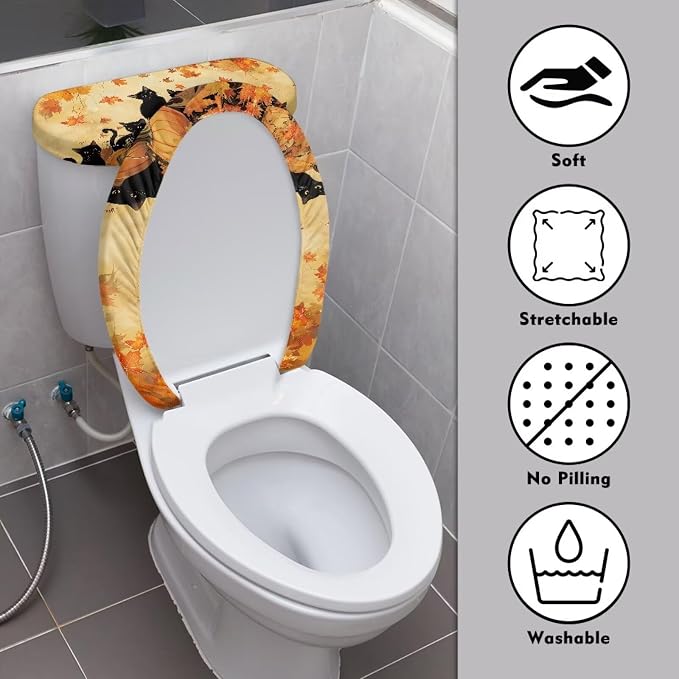 Black Cat Toilet Lid Covers for Bathroom Set, Pumpkin Toilet Seat Lid Cover Maple Leaf Pattern, Lightweight Bathroom Autumn Decor