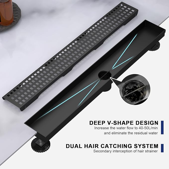 Linear Shower Drain | 28 Inch AISI 304 Stainless Steel Shower Drain, Matte Black Linear Drain with Removable Quadrato Grate Cover & Adjustable Feet, Rectangle Floor Drain, in Bathroom Balcony etc