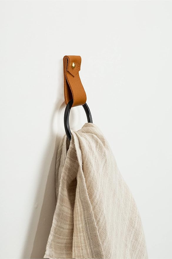Small Leather Wall Hook, Black Towel Ring wall Hanging Strap Towel Hook for wall Leather Loop Strap Holder Minimal Towel bar Rack Storage Modern Bathroom Hand Towel Holder