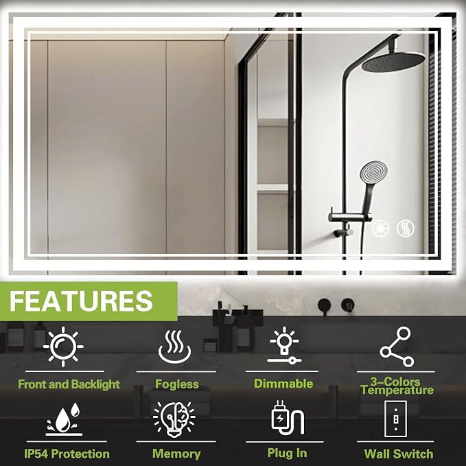 40 x 32'' LED Mirror for Bathroom, Dimmable 3 Colors, Anti-Fog | LED Bathroom Mirror with Lights, Lighted Vanity Mirror, Memory Function, Wall Mounted Home Decor Horizontal/Vertical