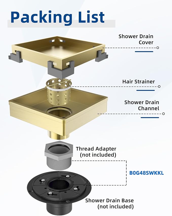 6 Inch Titanium Gold Shower Drain, 2-in-1 Tiled Shower Drain - 304 Stainless Steel Square Shower Floor Drain for Bathroom, Brushed Gold Drain Shower with Tile Insert Grate Removable,Hair Strainer