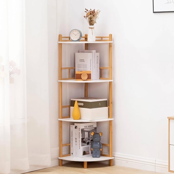 4-Tier Expandable Bamboo Corner Shelf Stand,Corner Bookshelf, Display Storage Shelves with Open Shelves, for Organization and Storage, Living Room, Home Office, Garage (White, 4-Tier WithRail)