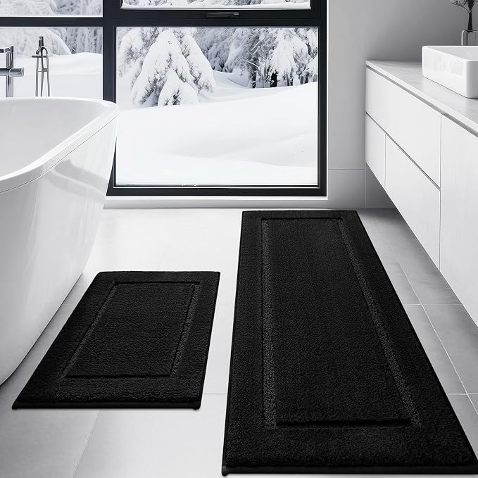 IM HOME Bathroom Rugs Sets 2 Pieces, Ultra Soft Thick Plush Fluffy Microfiber Absorbent Bath Mat, Non-Slip Backing, Machine Washable Rug for Bathroom Floor, Tub and Shower (24"x17" + 48"x20", Black)
