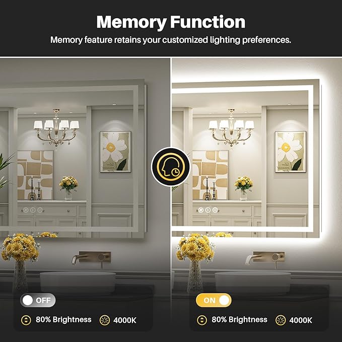 Briivue 55x36 Inch LED Bathroom Mirror with Lights, Backlit & Front | Anti-fog, 3 Color Dimmable, Memory Function, HD Reflection Tempered Glass, ETL Listed, IP54 Waterproof