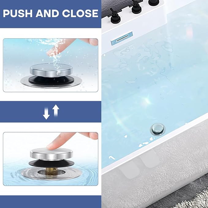 Chrome Plated Universal Tip Toe Tub Stopper and Water Stopper, Pop Up Bathtub Drains Plug, Bathroom Bath Tub Drain Stoppers, Replaces Lift and Turn, Tip-Toe and Trip Lever drains for Tub, EZ Install