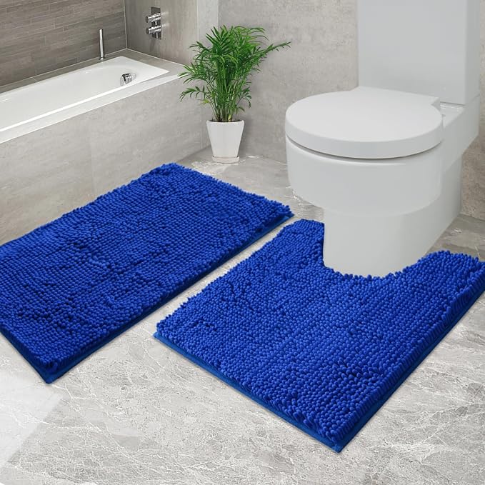 Bathroom Rugs Chenille, Extra Thick and Absorbent, Non-Slip, Machine Washable, Dry Quckily, Soft Cozy Plush, Used Under Shower Bathtub and Sink, Bath mat Sets Royal