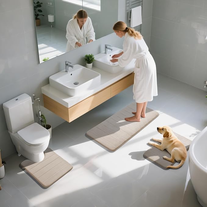 Yimobra 3 Pieces Memory Foam Bath Mat Set with U-Shaped Toilet Rug - Non Slip Super Soft Absorbent Quick Dry Bathroom Rugs for Bathtub, Vanity & Toilet Base, Beige