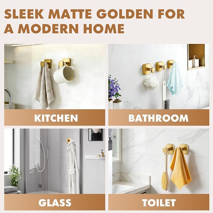 Suction Cup Hooks for Shower, Stainless Steel Bathroom Suction Hooks No Drilling, Brushed Gold Heavy Duty Shower Hooks for Towel Robe Loofah, Glass Door Tile Mirror, 4 Pack Golden