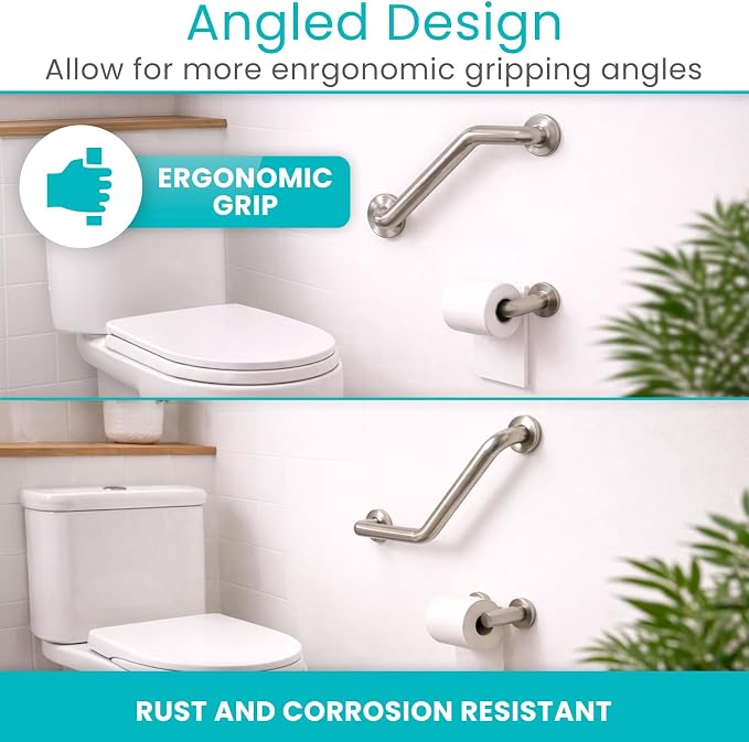 Vive Angled Shower Grab Bar (Supports 440lbs) - ADA Compliant Tub, Bathroom, Bathtub Safety Assist Rail for Handicap, Seniors, Elderly - 16in Grip Handle for Bath and Toilet - Brushed Nickel Finish
