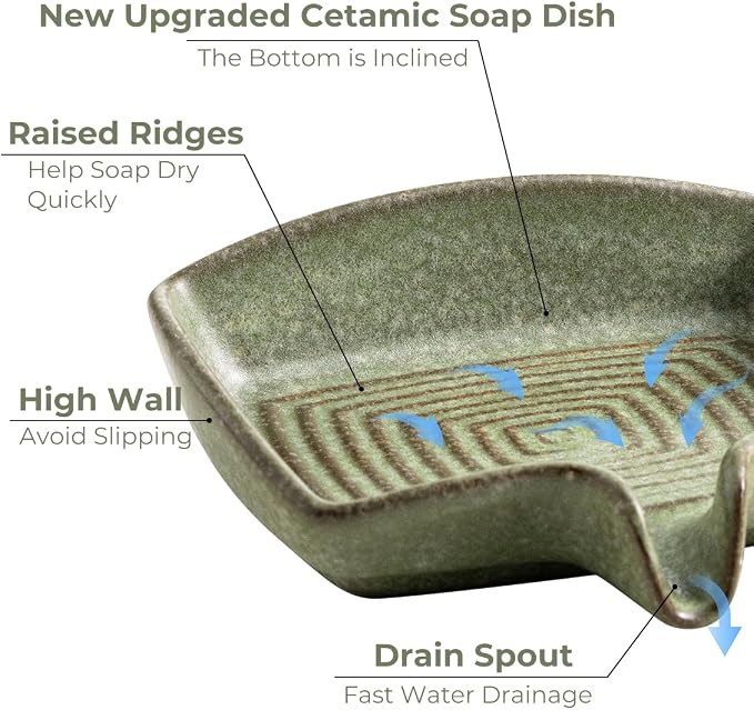 Self Draining Soap Dish, Ceramic Drain Soap Holder Waterfall Design Soap Saver for Shower, Bathroom, Sink, Kitchen and Countertop, Keeps Dry, Green