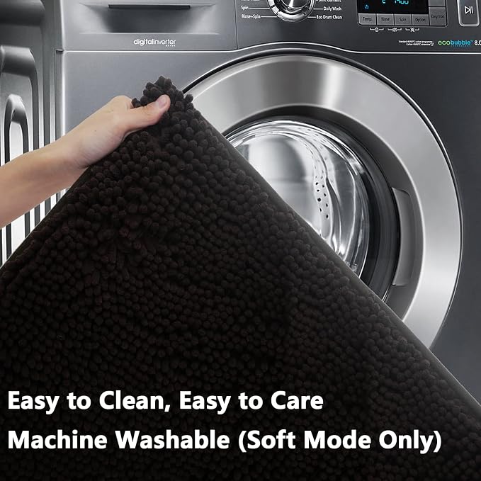 Bathroom Rugs Chenille 3-Piece Extra Soft and Absorbent Shag Bathroom Rugs, Machine Wash Mat, Strong PVC Non-Slip Underside, Plush Carpet Mats (Coffee)