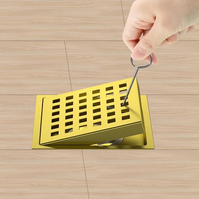 Shower Drain Brushed Gold 4-3/8 Inch, Square Floor Drain, Stainless Steel Bathroom Drain Kit with ABS Flange, Removable Grid Cover, Hair Strainer