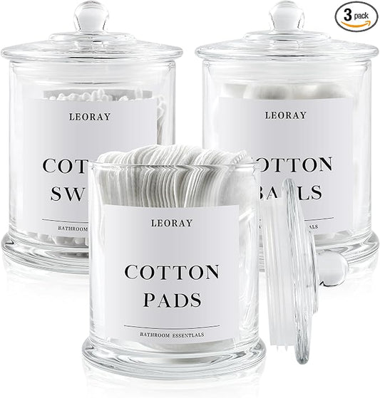 LEORAY 3 Pack Glass Qtip Holder Dispenser with Lids, Airtight Waterproof Apothecary Jars, 16 Oz Vanity Organizer Bathroom Canisters for Cotton Swabs, Balls, Pads, Floss Picks, Transparent