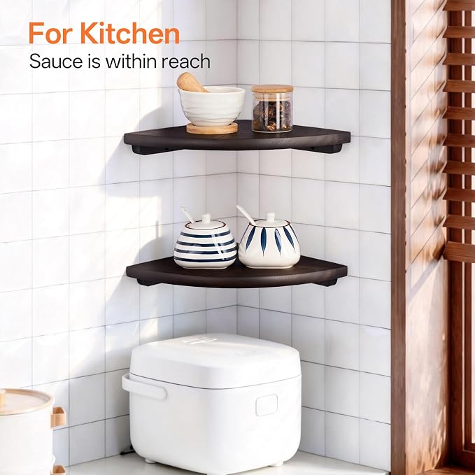 Gieanoo Floating Corner Shelves Set 2 16inch Walnut Solid Oak Rounded Corner Shelves Wall Mounted with Cable Hole Wood Corner Hanging Shelves for Living Room Bedroom Bathroom Kitchen
