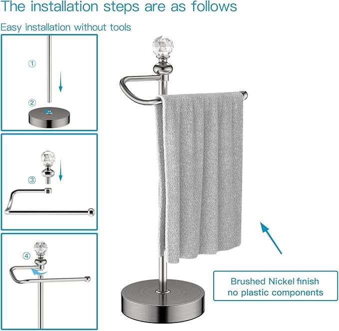 ROLABAM Hand Towel Holder for Bathroom, Hand Towel Rack Stand with Heavy Weighted Base, Crystal Ball Countertop Towel Rack Stand for Bathroom Kitchen (Brushed Nickel, 2 Pack)