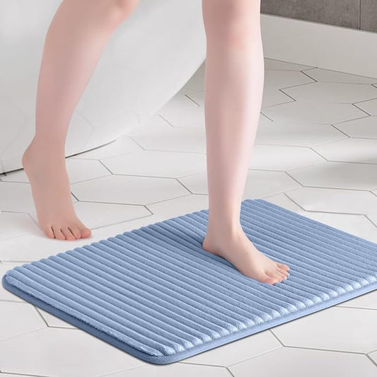 FRESHMINT Charcoal Infused Memory Foam Bath Mat, 17"x24", Blue Linen | Non-Slip, Ultra Soft, Thick & Water Absorbent, Machine Washable, Quick Dry, Plush Comfort