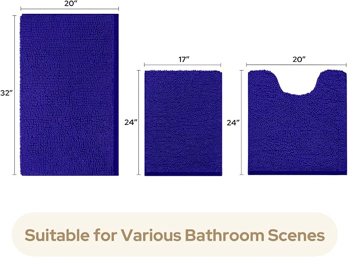 HOMEIDEAS Royal Blue Chenille Bathroom Rugs Set of 3, Non Slip Bath Mat | Super Absorbent, Soft Microfiber, Machine Washable, Stain Resistant, for Bathroom Decor