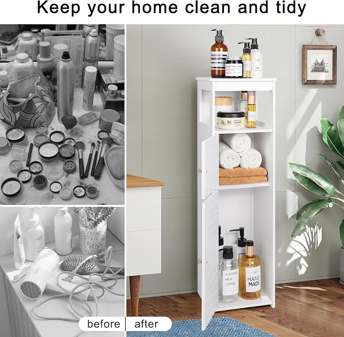 VOGGV Bathroom Storage Cabinet, Bathroom Floor Cabinet Freestanding 1 Doors and Shelves for Home Kitchen, Living Room and Hallway, 29.5 * 8.66 * 7.87in, White