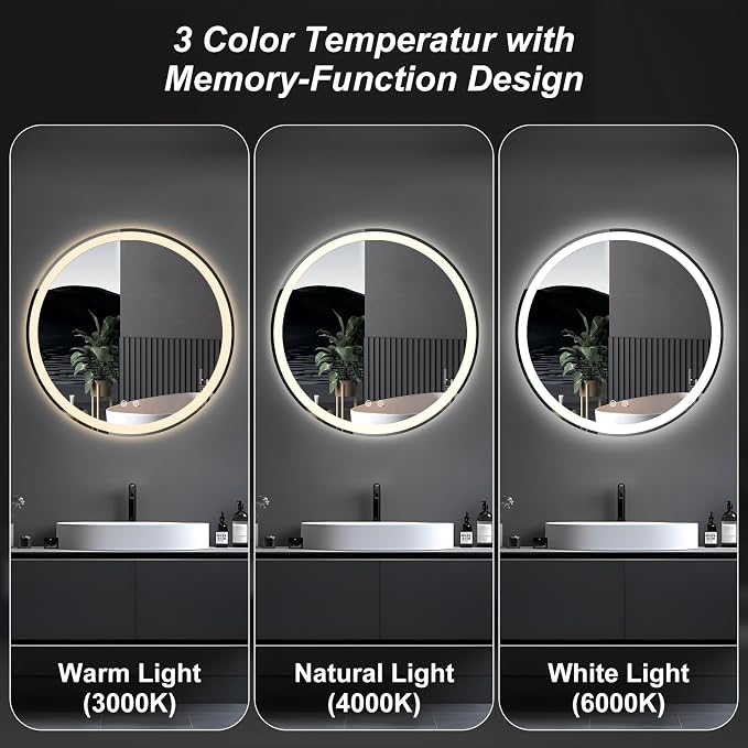 DUMOS 36 Inch Round LED Bathroom Mirror with Lights, Circle Vanity Mirror | Anti-Fog, Dimmable, 3-Color Light, Front Light and Backlit, Memory Function, Tempered Glass