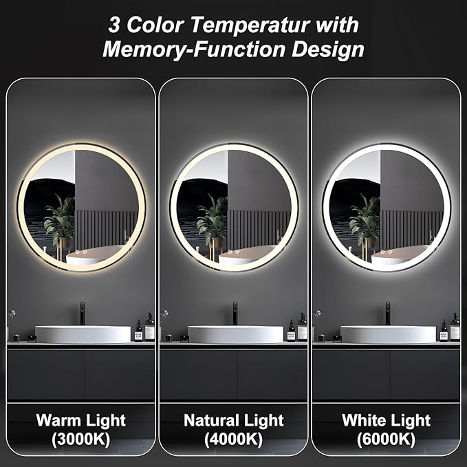 DUMOS 36 Inch Round LED Bathroom Mirror with Lights, Circle Vanity Mirror | Anti-Fog, Dimmable, 3-Color Light, Front Light and Backlit, Memory Function, Tempered Glass