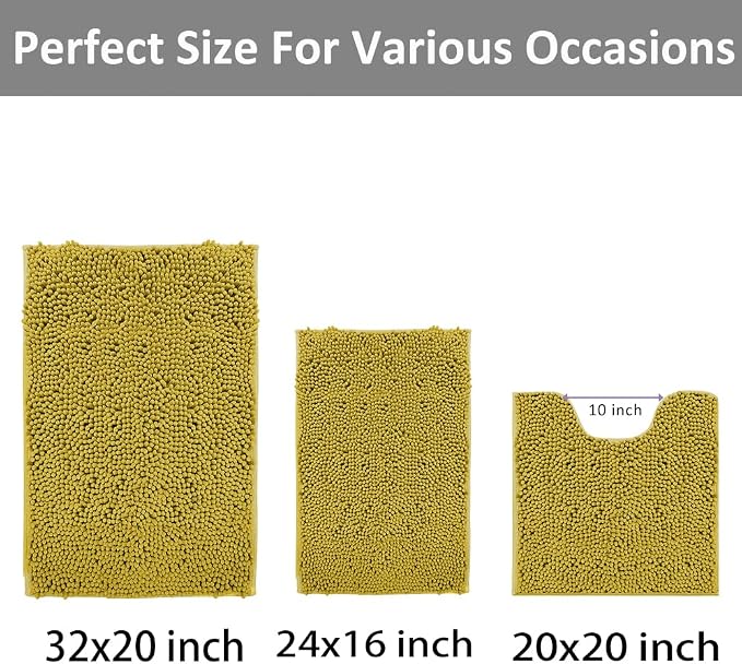 RUN HELIX Bathroom Rugs Sets 3pcs Extra Soft Chenille Mats Non Slip Bath Mat,Absorbent Shaggy Perfect Plush with U-Shaped Toilet Rug,Bathroom Carpets , Golden Yellow, 16〞x24〞&20〞x32〞&20〞x20〞U Shape