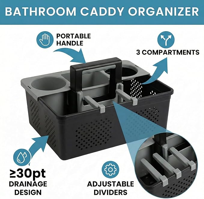 KMV Dorm Room Portable Shower Caddy with Adjustable Compartments - Ventilated Drainage Design with Handles, Perfect Toiletries Organizer for College Dorms-black