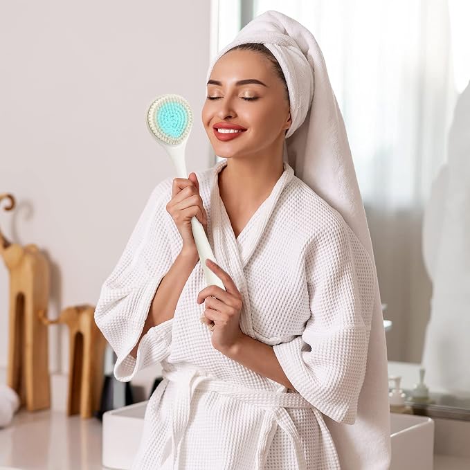 BEDELITE Back Scrubber for Shower, Long Handle 16.4 Inches, Ivory, 1 Pack | Soft Back Brush for Shower, Exfoliating Scrubber, Non-Slip Curved Long Handle Bath Brush, Wet or Dry Use for Back Cleaning