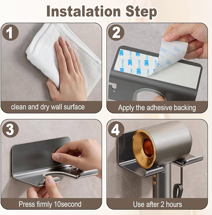 Aluminum Hair Dryer Holder Wall Mount,Self-Adhesive Blow Dryer Hanger with Cord Organizer & Anti-Scratch Strip, No Drilling for Bathroom Cabinet Door Vanity, Universal Fit for All Hair Dryers