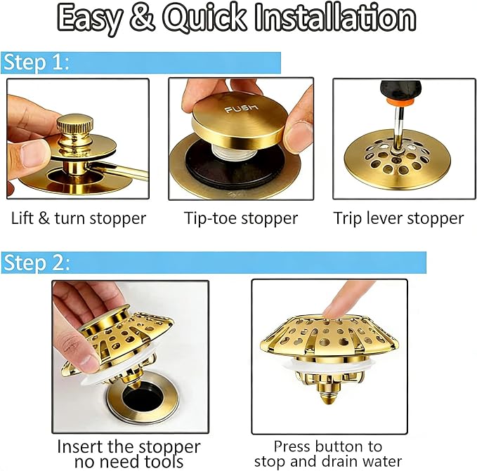 AzWzz Bathtub Drain Stopper,Pop Up Tub Stopper Plug with Hair Catcher Cover | All-metal, Universal for 1.45 in to 1.8 in Tub Drain, Brushed Gold