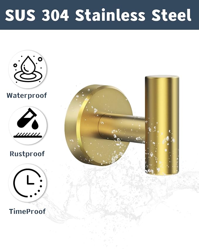 RARXTR Bathroom Towel Hook, Coat Robe Clothes Hook for Kitchen Garage Wall Mounted, 304 Stainless Steel, Heavy Duty Door Hanger, Cabinet Closet Wall Hook for Hotel Pool (Brushed Gold, 4 Pack)