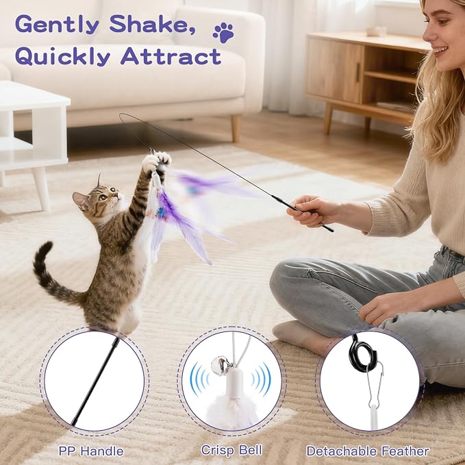 Pawaboo Cat Feather Wand Interactive Toy, 2 Feathers + 1 Wand with Bell | Cat Feather Teaser Toys Flying Catcher Extra Long 34.5" Wand Exerciser Playing Chase Cat Toy Wands for Kitten, Purple