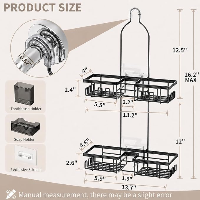 Shower Caddy Hanging for Handheld Showerheads, Rustproof, Black | Anti-Swing, Split Design, Shower Organizer with Hooks, Soap Holder and Toothbrush Holder, No-Drill Bathroom Storage