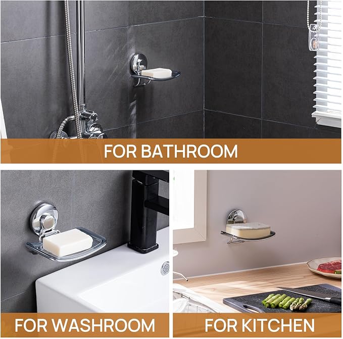 Chrome Suction Cup Soap Dish Holder for Shower Wall Drill-Free Rustproof Waterproof Wall Mount Strong Suction Removable Bar Soap Sponge Holder for Bathroom Bathtub Kitchen