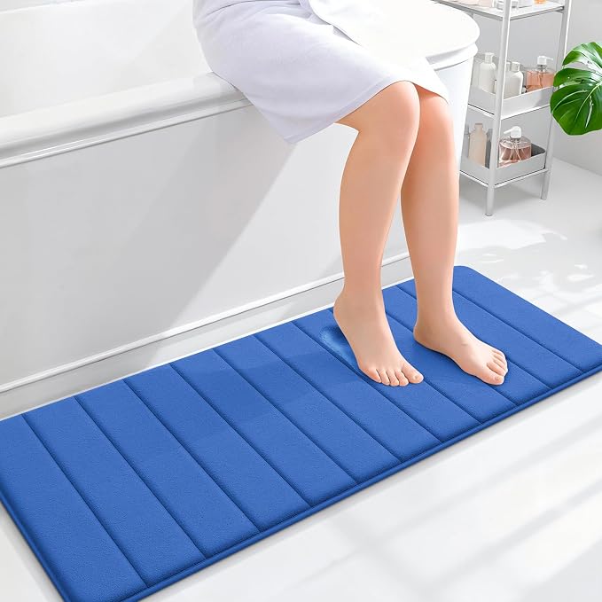OLANLY Memory Foam Long Bathroom Rugs Runner 47x17, Super Soft Absorbent | Deep Navy Blue, Quick Dry Bath Mat, Machine Washable Shower Floor Rugs, Bathmat Carpet for Bathroom Floor, Tub and Shower