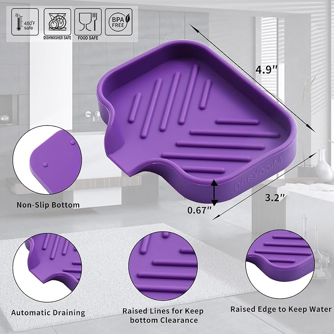 MicoYang Silicone Soap Dish with Drain Spout, Self-Draining Sink Organizer Tray for Bathroom and Kitchen, Sponges, Dispensers and Soap Holder, Non-Slip and Dishwasher Safe, Purple (Compact, 4.9"×3.2")