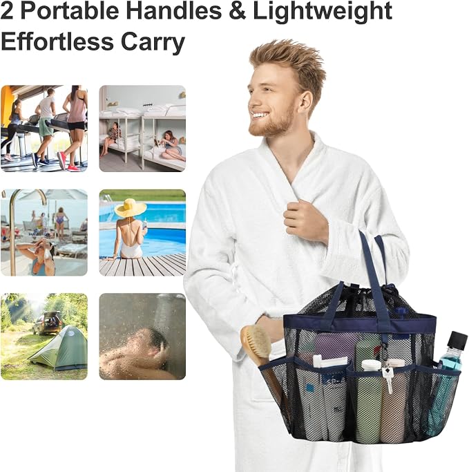 F-color Mesh Shower Caddy Portable with Drawstring - Large 8 Pockets Dorm Room Essentials for Guys Girls with S Hook, Shower Bag Basket Tote for College Camping Gym Travel Toiletry Bathroom, Dark Blue