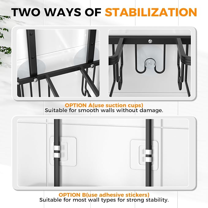 Adjustable Aluminum Shower Caddy Hanging for Handheld Showerhead, Black | Rustproof Aluminum, Shower Organizer, Anti-Slip, Quick-Drain Shelf, 40lbs Capacity, Suction Cups, 8 Hooks, Razor Soap Holders
