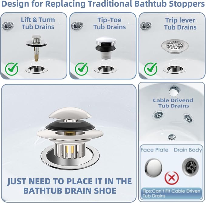 Universal 3 in 1 Bathtub Drain Stopper Bathtub, Pop-up Tub Stopper with Effective Filter Basket, Anti-Clogging Bathtub Drain Plug Bath Tub Stoppers for 1.45-1.8" Drain Shoe, Brushed Nickel