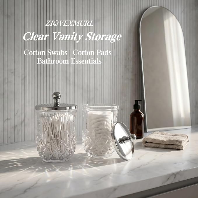 2 Pack Glass Qtip Holder Dispenser Set, Round Bathroom Apothecary Jars with Silver Metal Lid for Cotton Swabs,Balls,Pads, Floss Picks, Vanity Storage Container for Makeup, Candy, Jewelry(10 Oz, Clear)