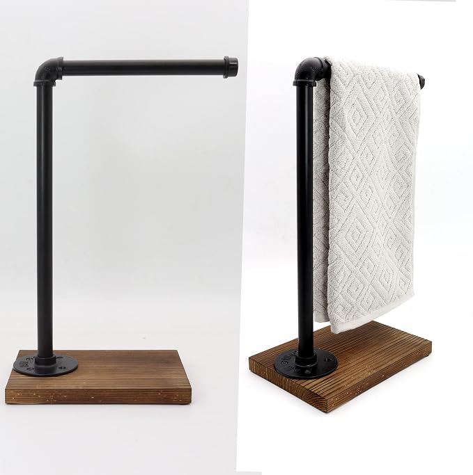 15'' Hand Towel Holder, L Shaped Towel Holder Stand with Weighted Base, Black Hand Towel Stand for Bathroom Kitchen Countertop