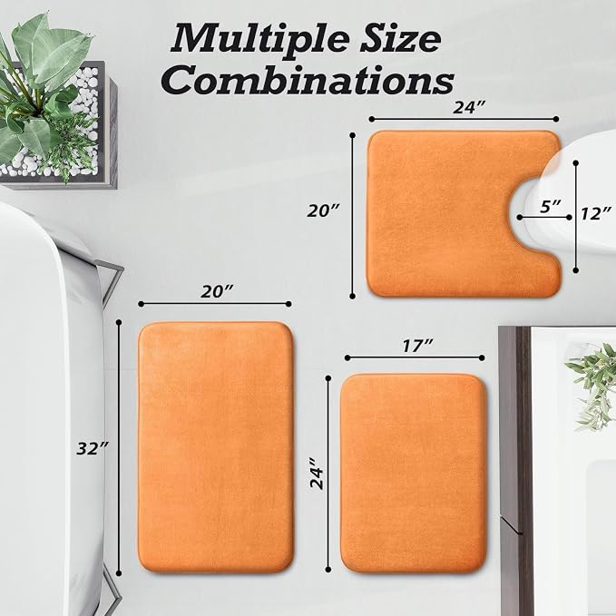 Bathroom Rugs Sets 3 Piece, Non-Slip & Quick Dry Bath Mat Set, Ultra Soft Velvet Bath Rugs for Bathroom, Toilet and Shower Floor, Orange