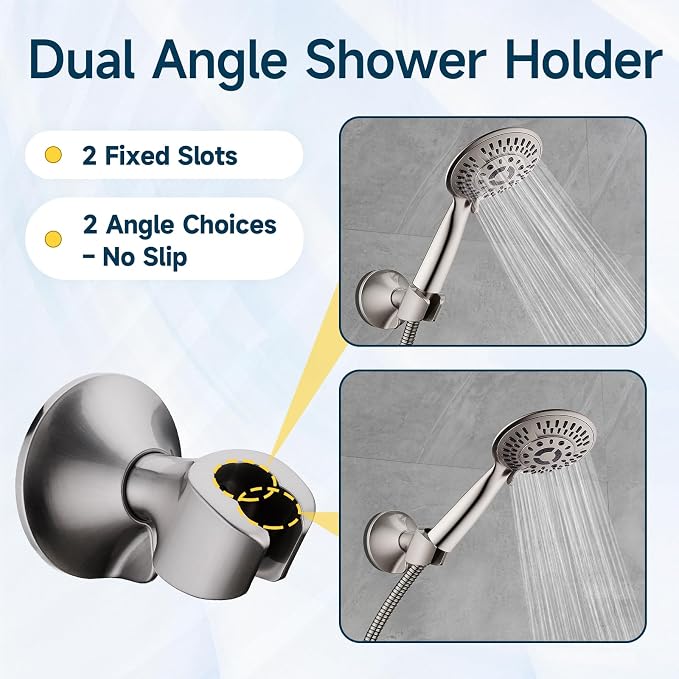 BRIGHT SHOWERS Handheld Shower Head Holder with Dual Angle Positions, Wall Suction Bracket Includes Adhesive 3M Disc, No Tools Required and Easy Installation, Brushed Nickel Finish