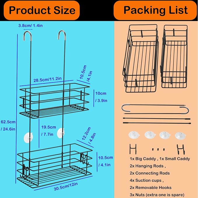 Shower Organizer Hanging Shower Caddy with Rotatable Hook bar Over the Door and Can be Hung on the Faucet or Claw Foot, Stainless Steel Rust Proof and Durable （Black）