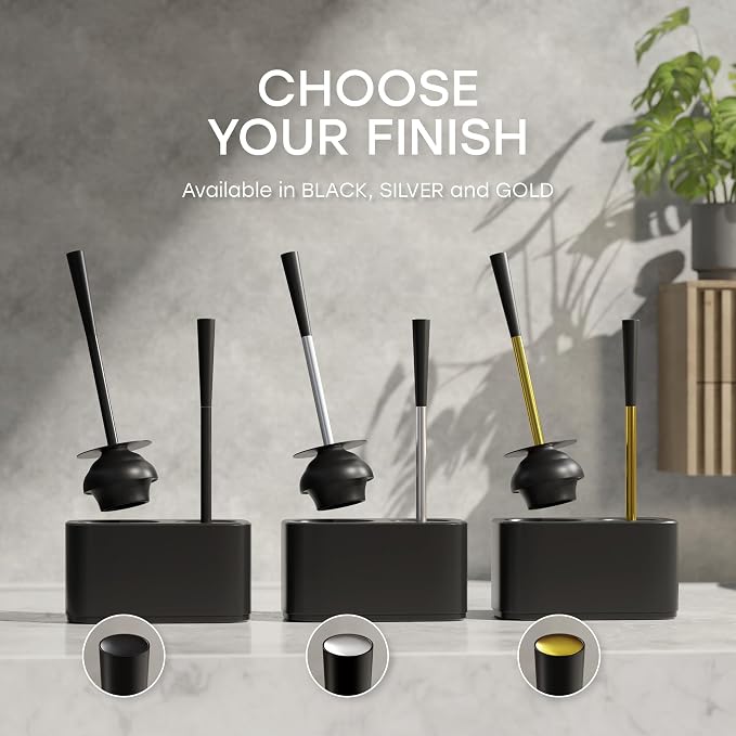 2-in-1 Toilet Bowl Brush and Plunger Set with Caddy – Gold | All-in-one toilet bowl brush and plunger combo with a compact plastic caddy & steel handles in gold