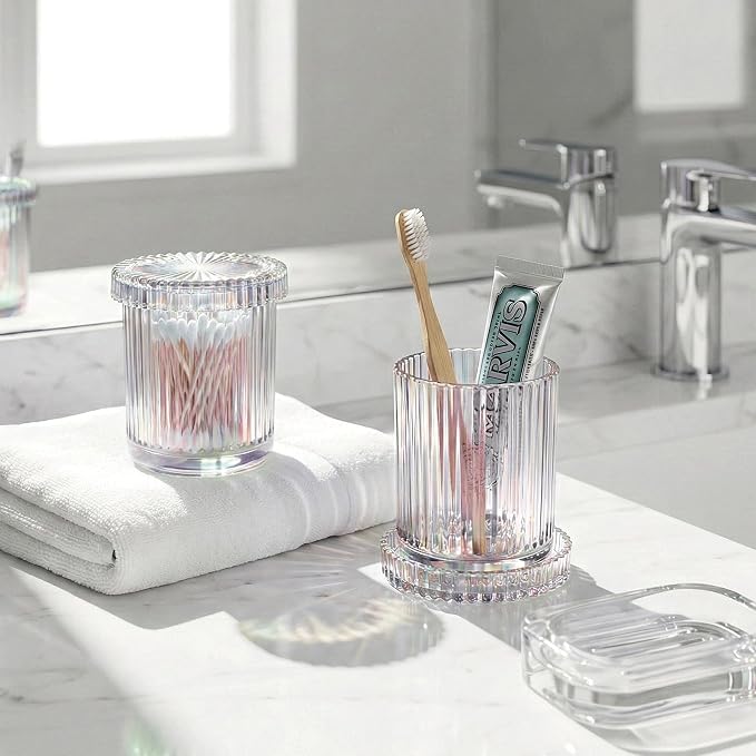 2 Pack Qtip Holder - Apothecary Jars with Lids, Bathroom Organizers and Storage Canister for Cotton Balls,Swabs,Floss Picks,Hair Ties,Clear Glass Vintage Bathroom Decor Jar Set (Iridescent)