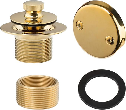 Artiwell Lift & Turn Tub Trim Set with Two-Hole Overflow Faceplate, All Brass Bathtub Conversion Kit Assembly with 2-Hole Overflow Face Plate and Universal Fine/Coarse Thread (Polished Brass)